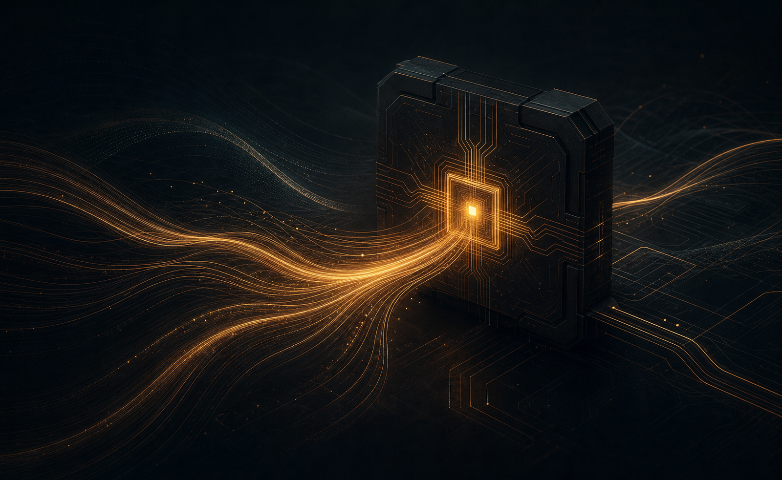 A dark hardware-rooted cryptographic core surrounded by copper-gold traces and secure signal geometry.