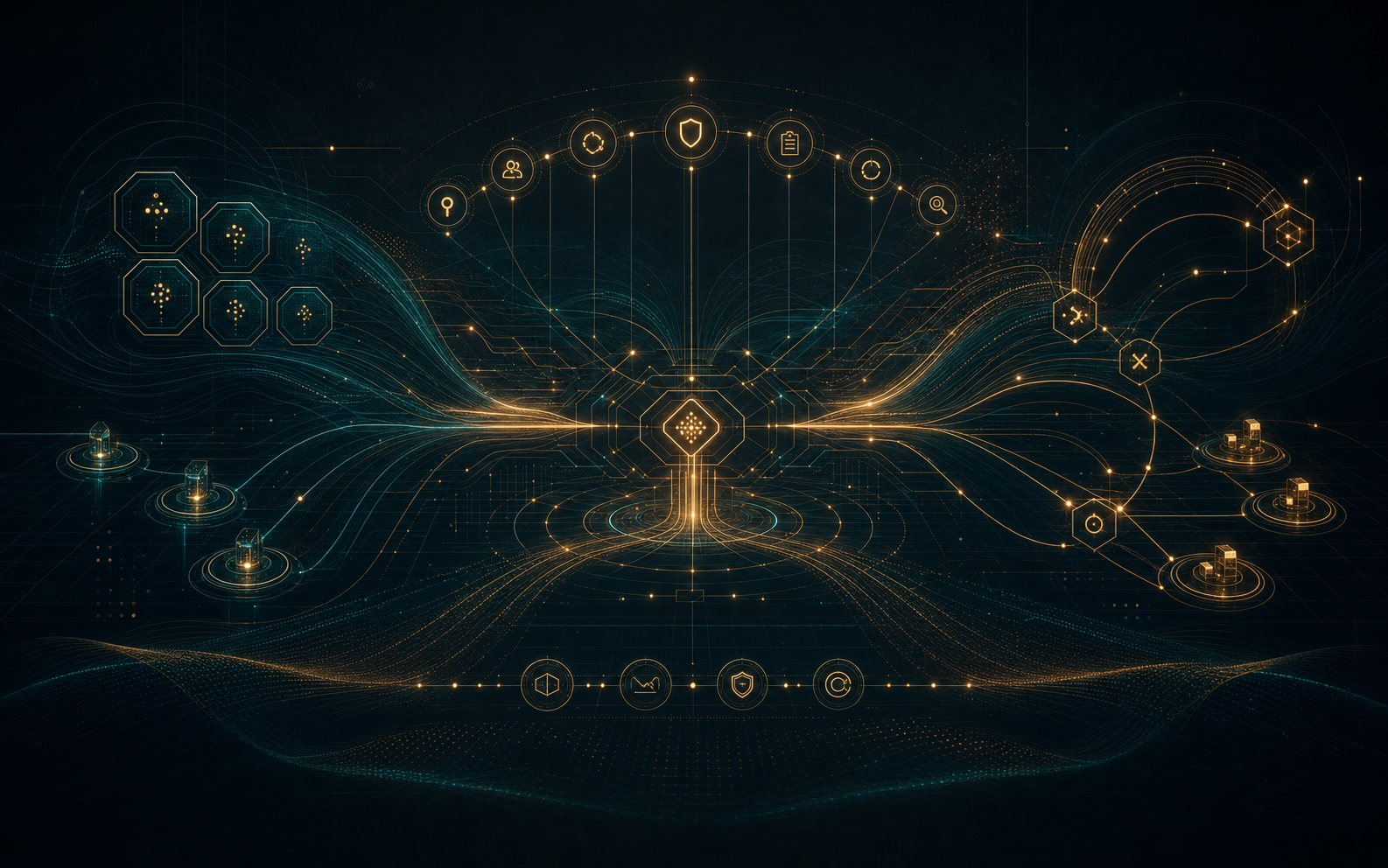 Abstract lifecycle control console imagery with status clusters, signal routes, and key management structures.