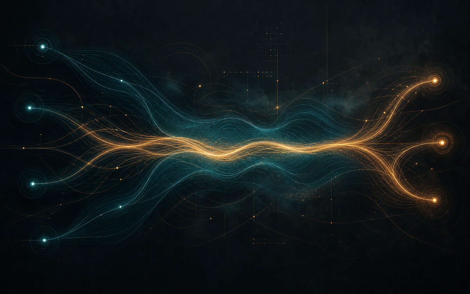 Abstract protected traffic flows converging through a secure central route in Volcano teal and copper-gold.