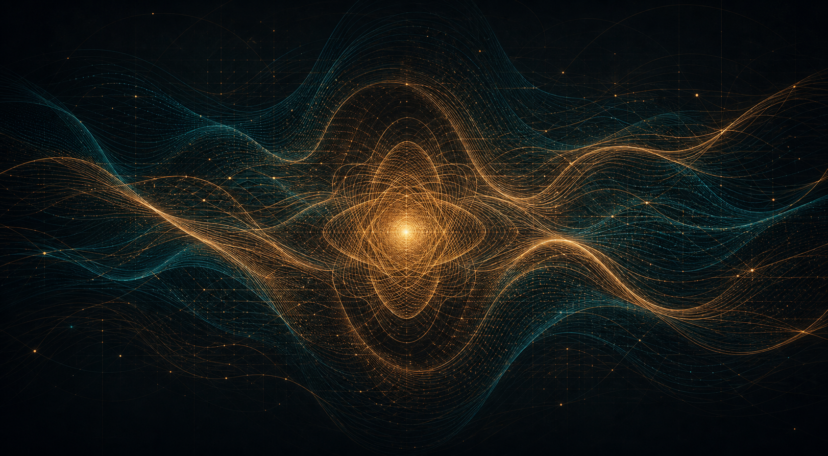 A dense layered wave lattice around a secure central core in Volcano teal and copper-gold tones.