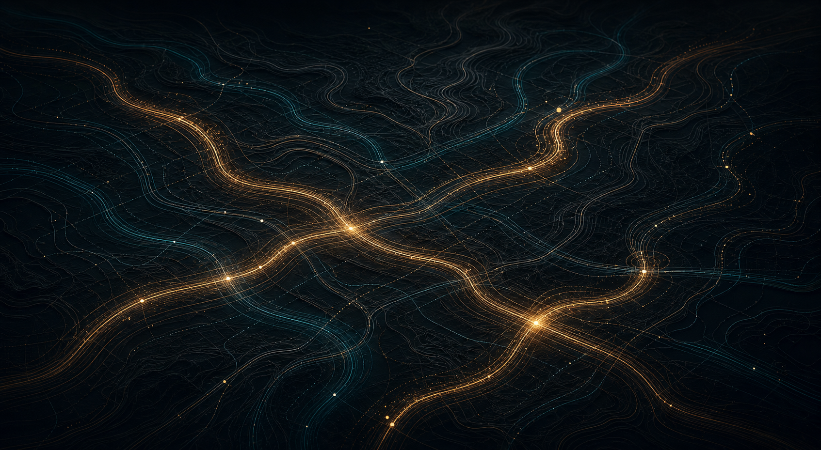 Multiple route lanes crossing a dark field, with selected secure corridors highlighted in copper-gold.